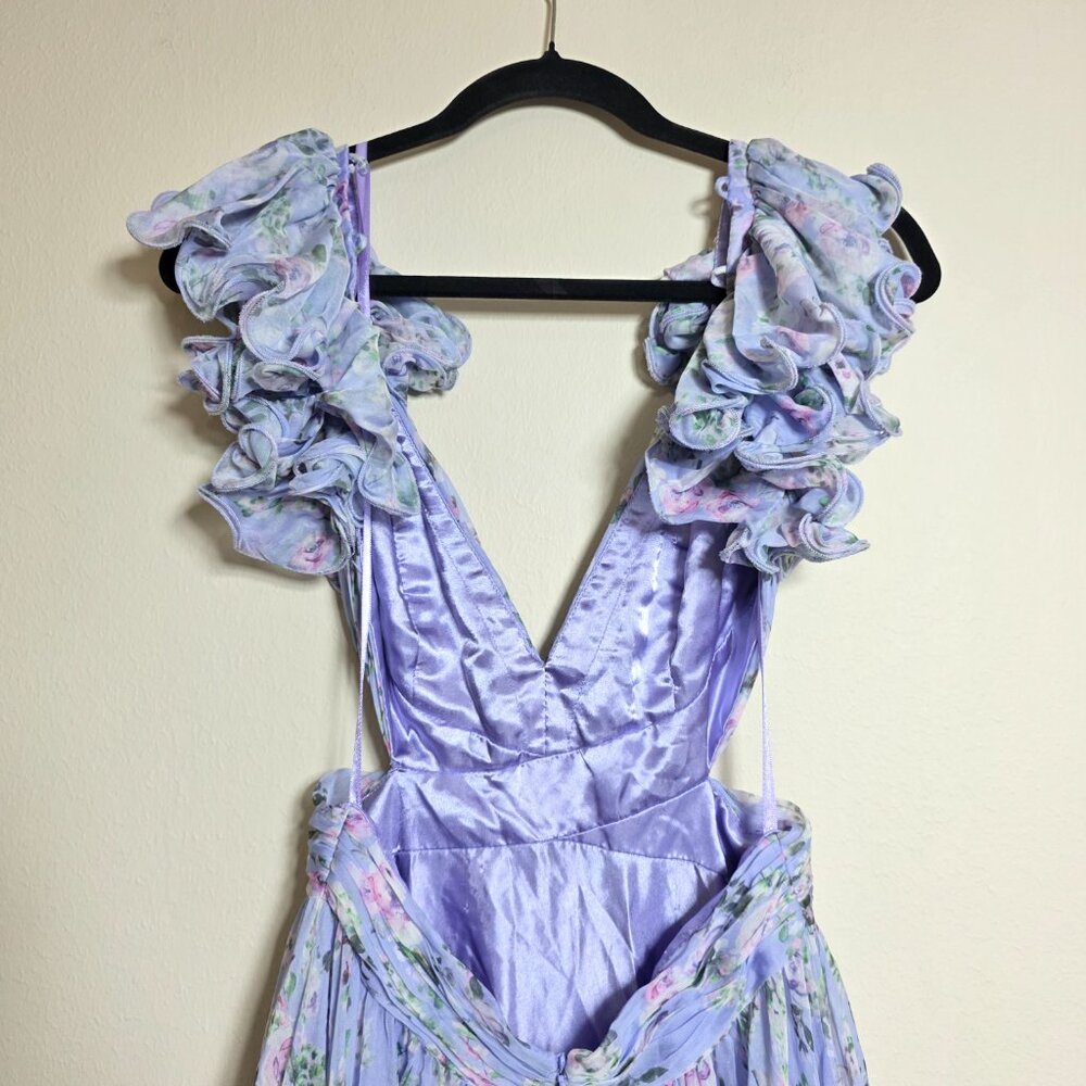 Ieena for Mac Duggal Ruffle Tiered Cut-Out Floral Chiffon Dress Size 4 MSRP $498 - Picture 9 of 12